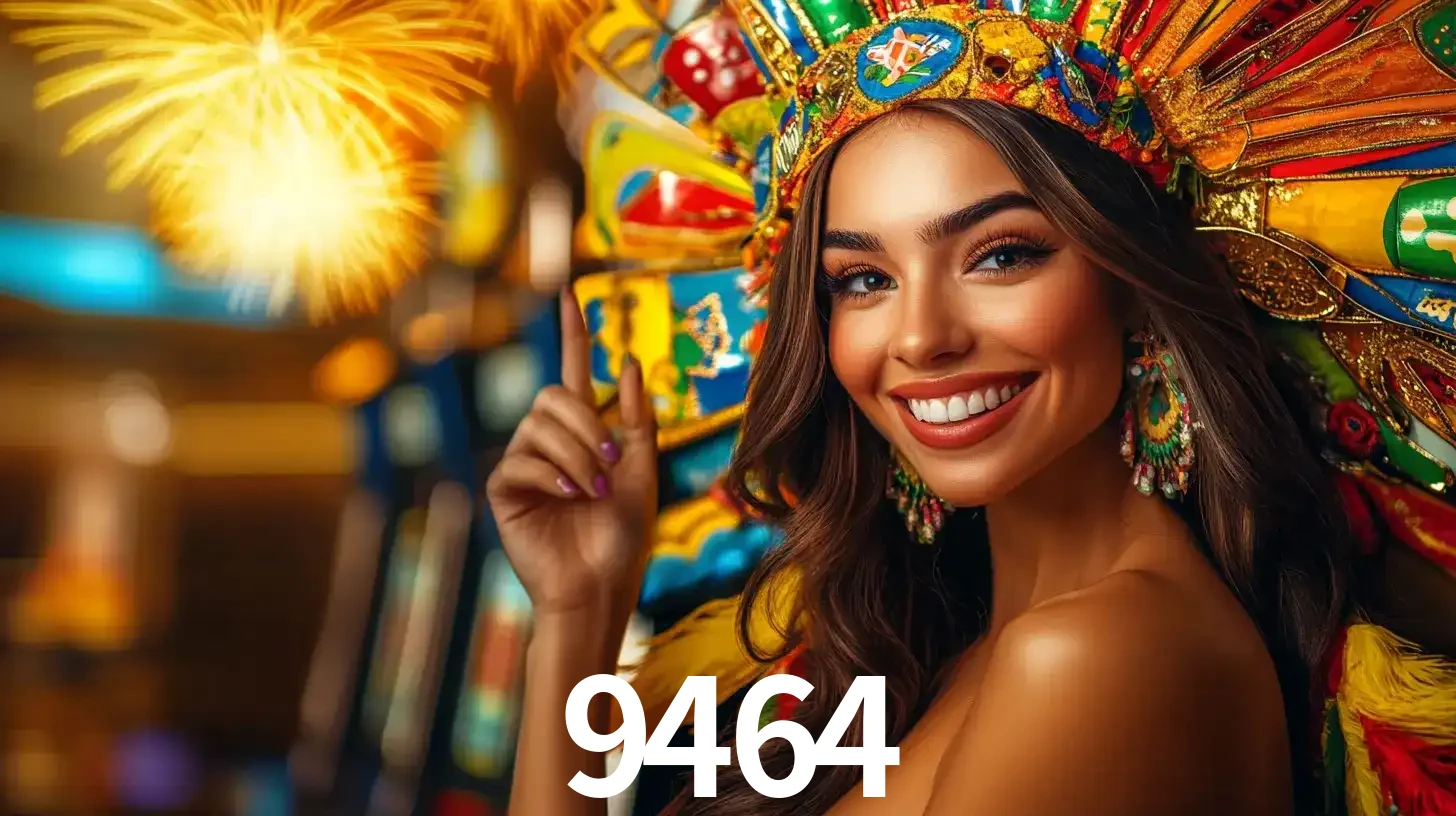 Mulher sorridente com um cocar de carnaval vibrante e colorido, celebrando uma grande vitória nos jogos do cassino 9464 com fogos de artifício ao fundo.