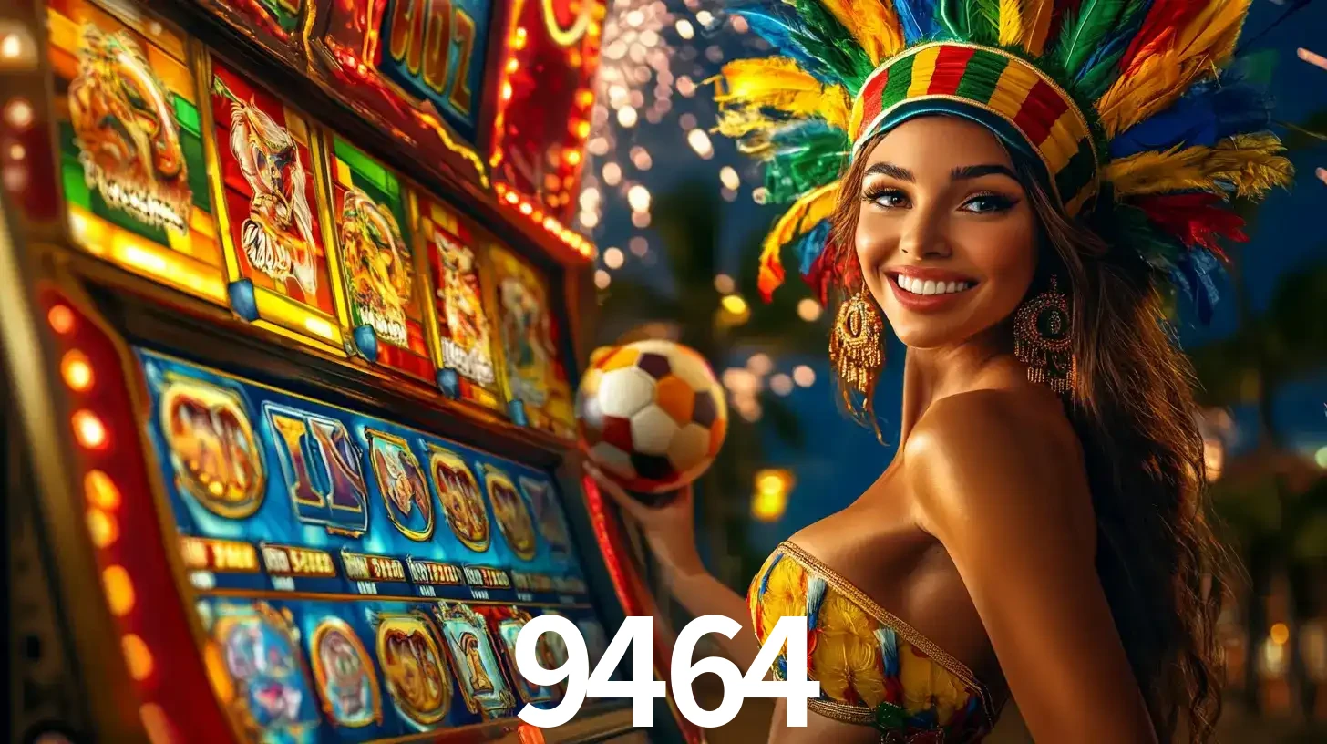 Mulher com um cocar de carnaval ao lado de uma máquina de caça-níqueis enquanto segura uma bola de futebol, mostrando a união da diversão de cassino e esportes no 9464.