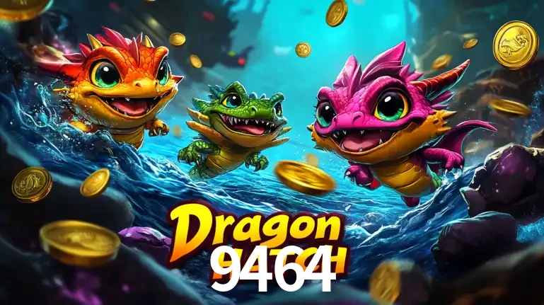 Arte promocional do jogo Dragon Hatch com três adoráveis dragões bebês nadando entre moedas de ouro, um dos slots mais divertidos para jogar no cassino 9464.