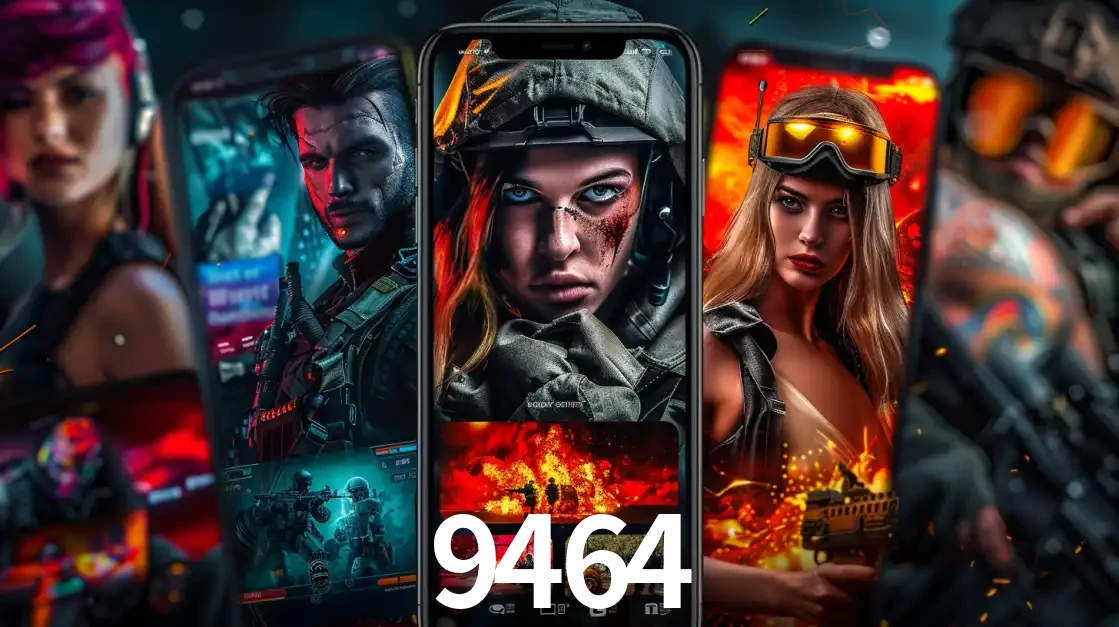Montagem de telas de celular mostrando diversos personagens, masculinos e femininos, de um jogo de tiro, ilustrando a diversidade de equipes de e-sports para apostar no 9464.