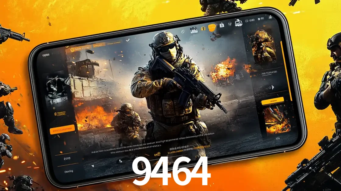 Um smartphone exibindo a interface de um jogo de tiro em primeira pessoa, com um soldado em um cenário de batalha, representando a ação dos e-sports para apostar no 9464.