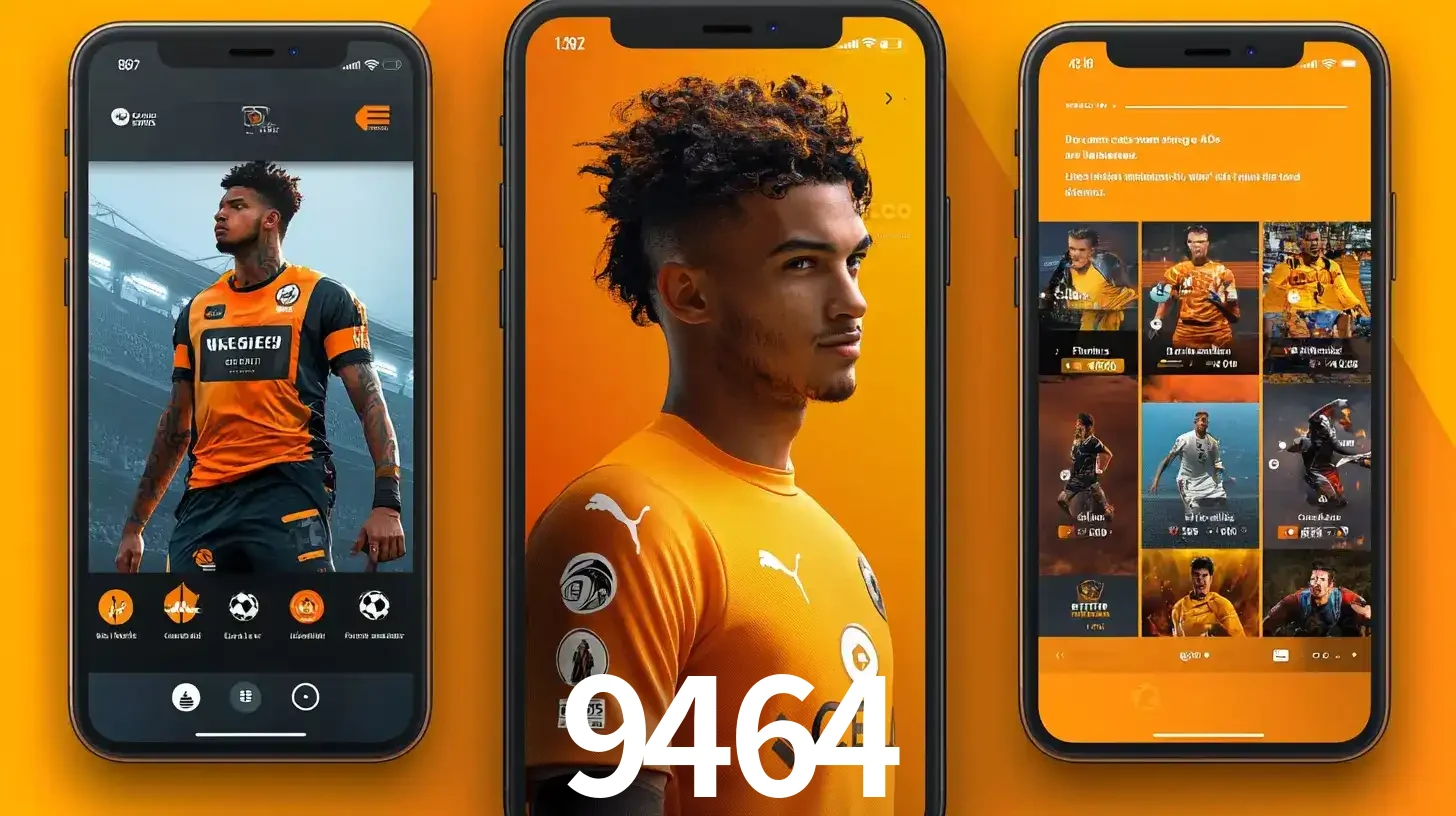 Interface do aplicativo de apostas esportivas 9464 em três telas de celular, mostrando o perfil de um jogador de futebol e a lista de jogos disponíveis para apostar.