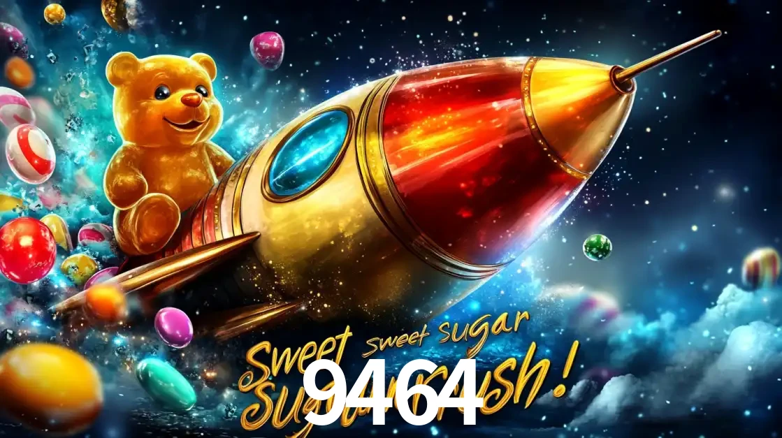 Arte promocional do jogo de slot Sugar Rush, com um urso de pelúcia em um foguete viajando pelo espaço de doces, um dos jogos divertidos disponíveis no cassino 9464.