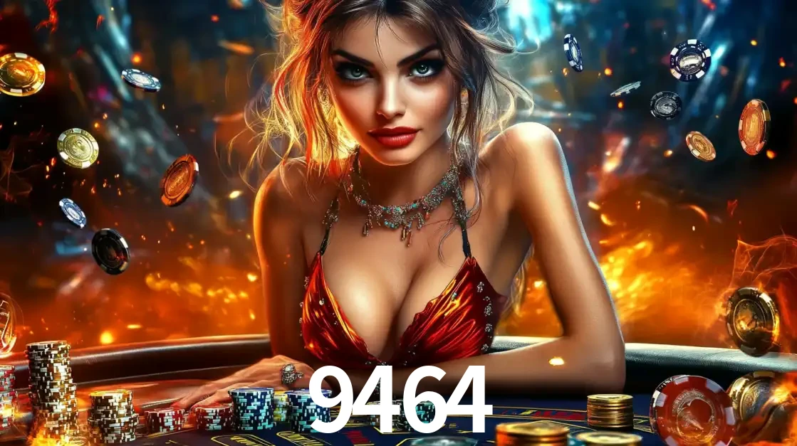 Mulher em uma mesa de cassino com pilhas de fichas e um fundo de fogo, pronta para uma rodada de altas apostas nos jogos de mesa emocionantes do cassino 9464.