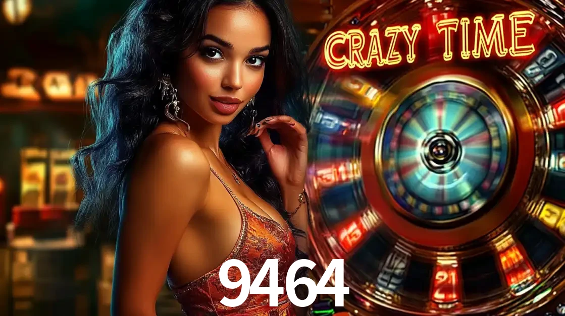 Mulher elegante ao lado da vibrante roda da fortuna do jogo de cassino ao vivo Crazy Time, um dos game shows mais populares e cheios de prêmios do 9464.