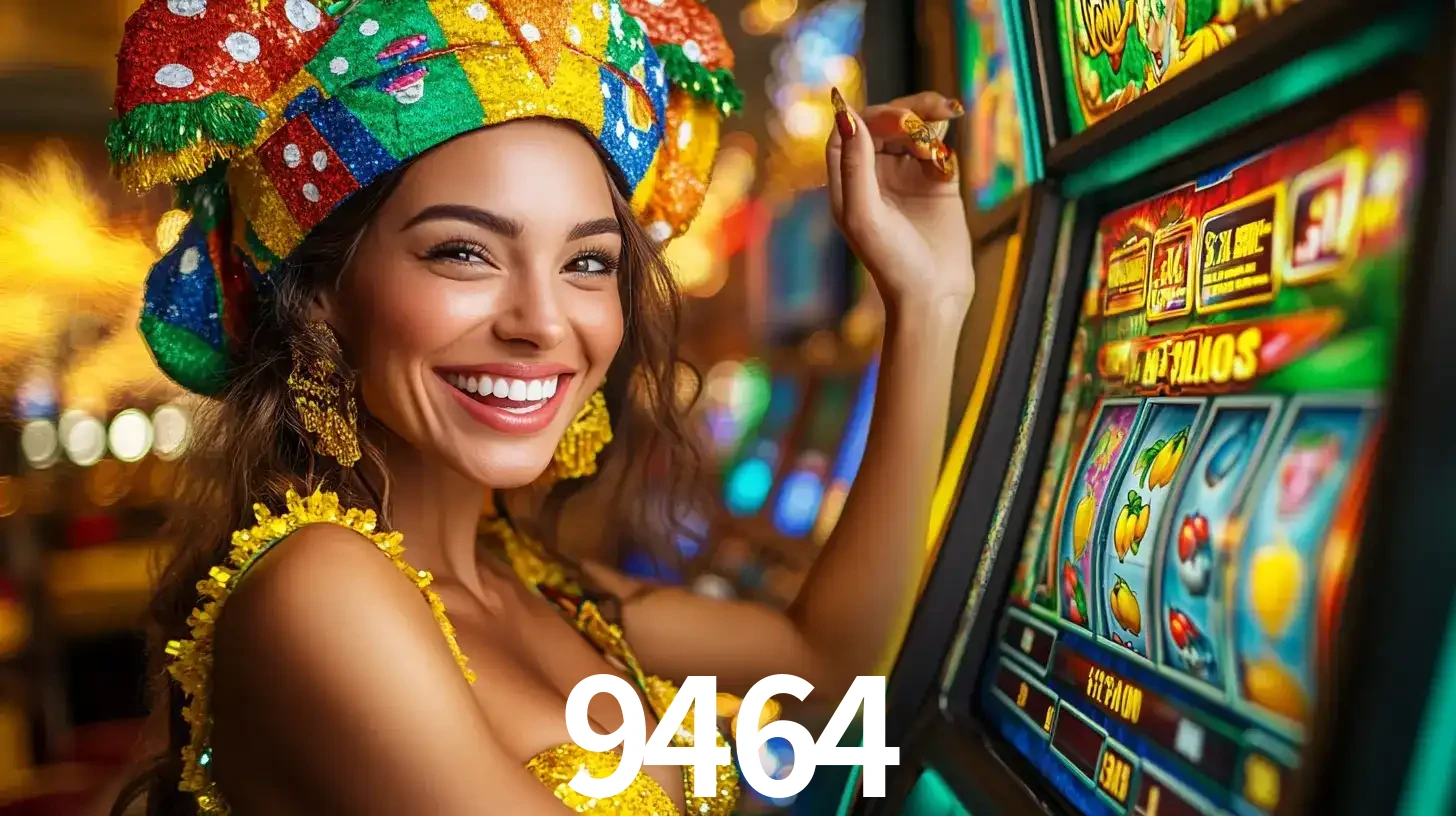 Mulher feliz com traje de carnaval amarelo e colorido ao lado de uma máquina de caça-níqueis, aproveitando a diversão e os jogos temáticos do cassino 9464.