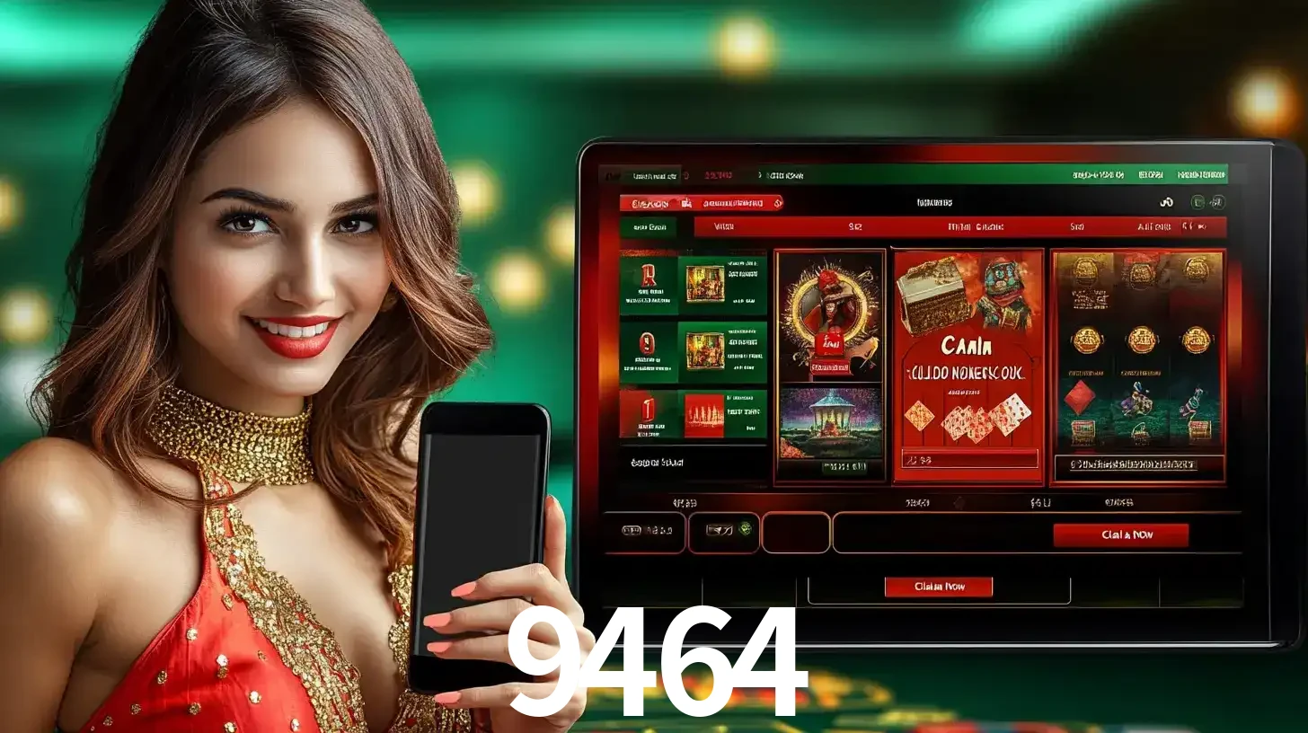 Mulher sorridente segurando um smartphone, ao lado de uma tela exibindo o lobby de jogos do cassino online 9464, com várias opções de jogos de cartas e slots.